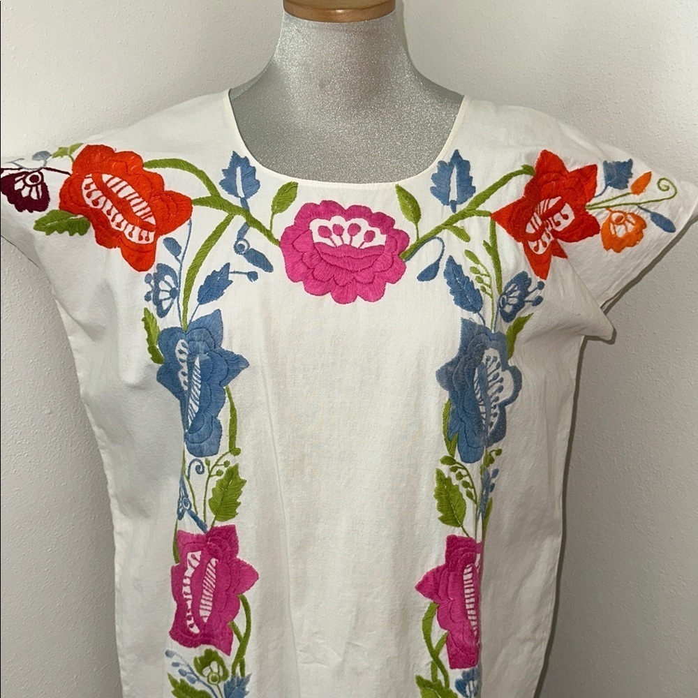 Mexican floral embroidered dress caftan kaftan O/S pink blue - Picture 2 of 5